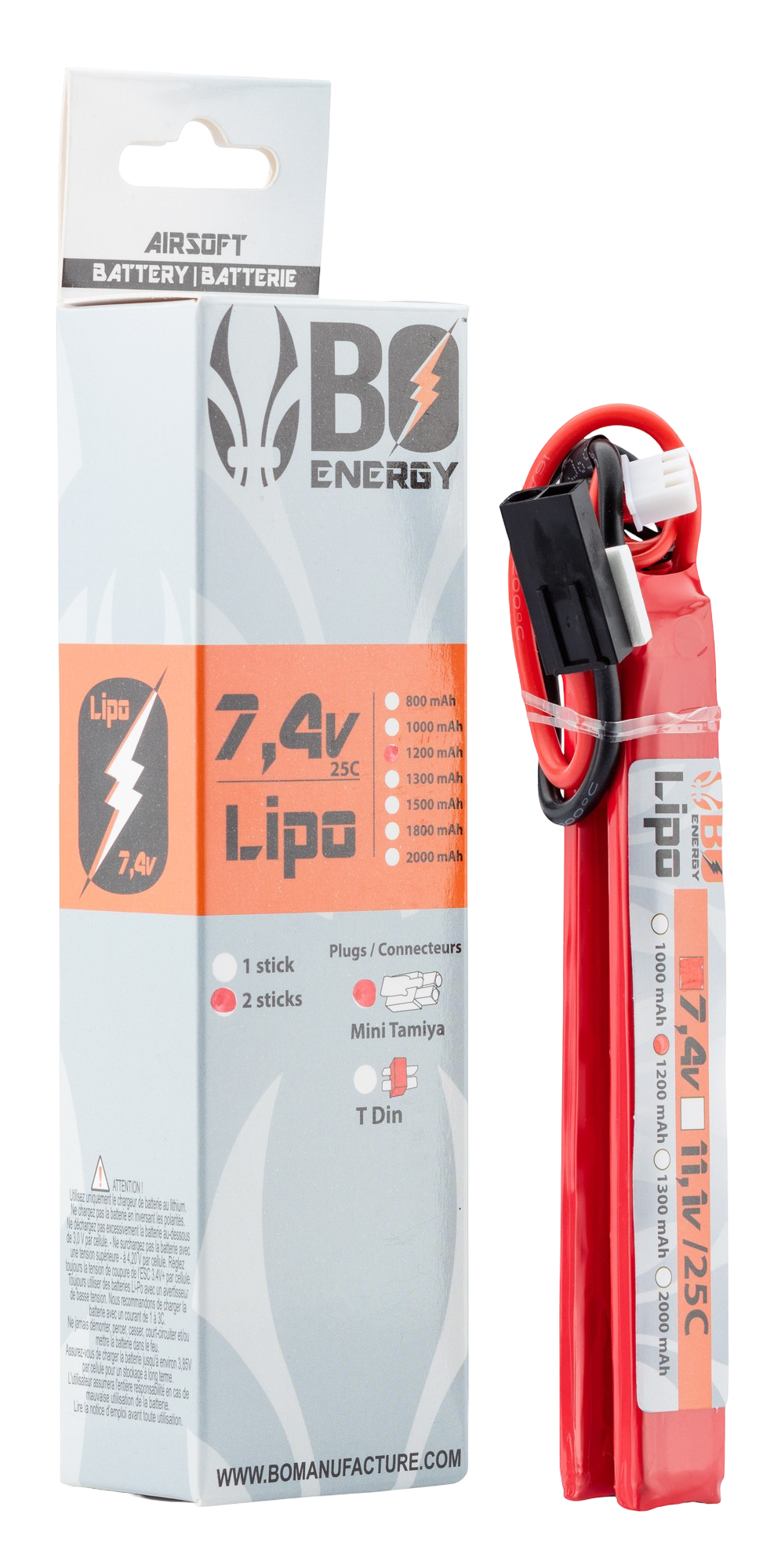Batterie Lipo double stick 7.4V 1200mAh 25C BO Manufacture