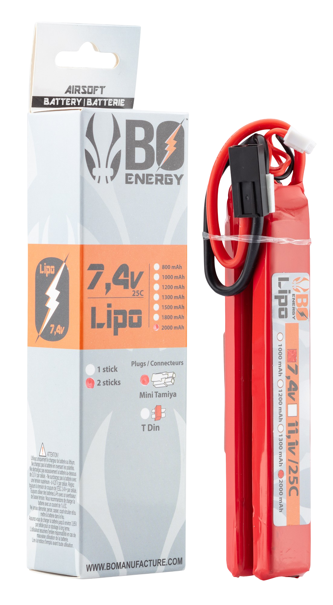 Batterie Lipo double stick 7.4V 2000mAh 25C BO Manufacture