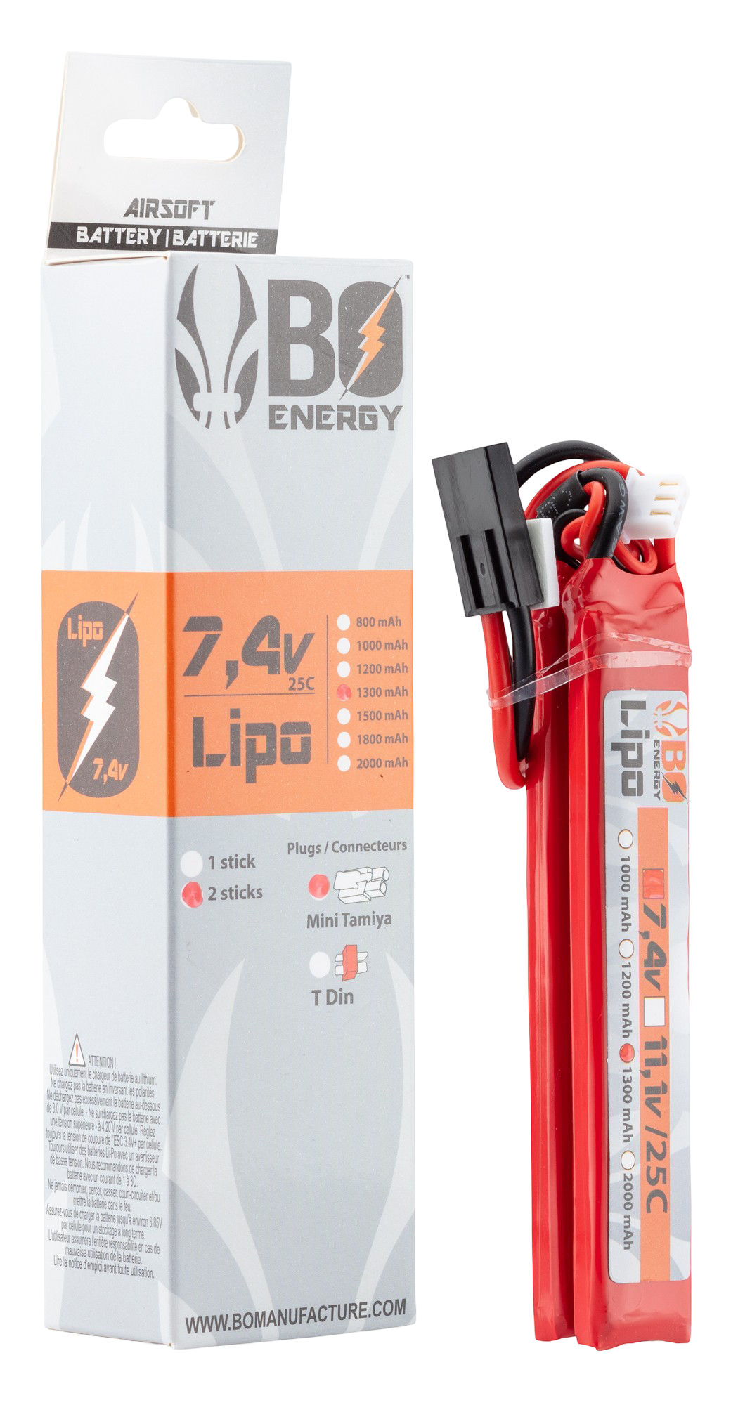 Batterie Lipo double stick 7.4V 1300mAh 25C BO Manufacture